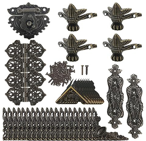 Belvanr Dekorative Box-Hardware aus Bronze Antike Beschläge 1 Schlösser 2 Zierstreifen 4 Butterfly-Scharniere 4 Dekorativer Ecke Fuß Standfüße 8 Dekorative Box-Ecken 20 Kantenabdeckung Eckenschutz