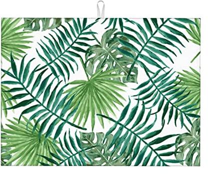 FUkker Küchen-Abtropfmatte, Geschirr-Abtropfmatte, saugfähiges Geschirrständer-Pad für Küchenarbeitsplatte, 46 x 61 cm, transparentes Palmenblatt-Muster, Bedruckt
