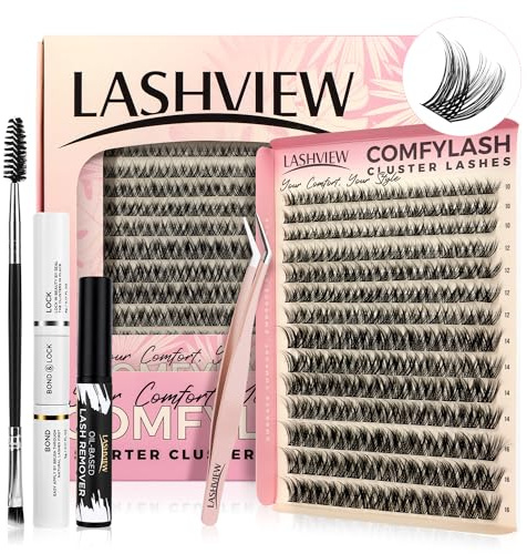 LASHVIEW DIY Lash Extension Kit, 182pcs Cluster Wimpernverlängerung, Einzelwimpern mit Lash Bond und Versiegelung, Kleberentferner und Applikator (Natur)