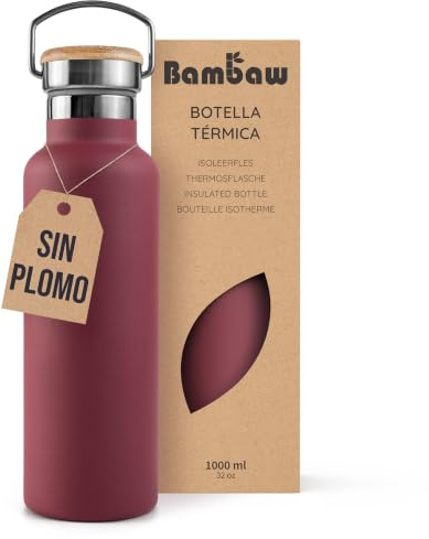 Bambaw Edelstahl Trinkflasche Isoliert 1l, Wasserflasche Metall, Thermosflasche 1l, Wasserflasche Edelstahl, Rostbeständig & Wiederverwendbar, Leicht zu Tragen & Ideal für Reisen (Kirschrot)