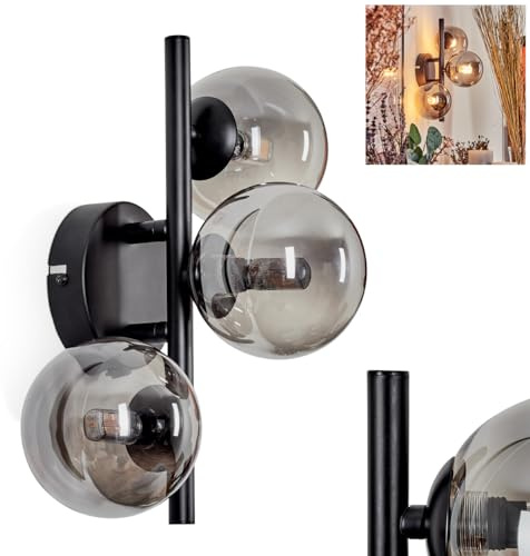 Wandleuchte Chehalis, Wandlampe aus Metall/Riffelglas in Schwarz/Rauchfarben, Leuchte im Retro/Vintage-Design mit Schirmen aus Glas (Ø 10 cm) u. An/-Auschalter am Gehäuse, 3 x G9, ohne Leuchtmittel