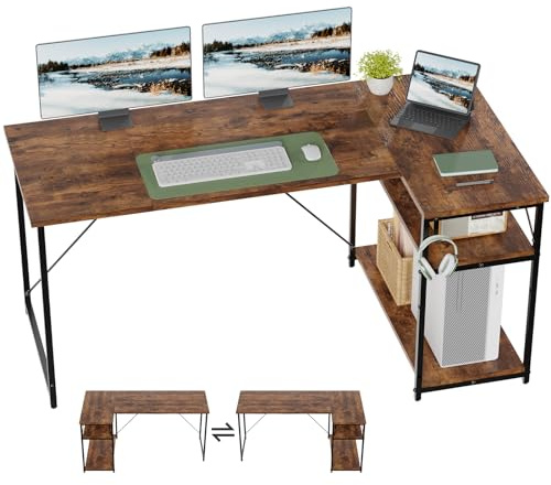 TRIUMPHKEY Escritorio Esquinero en L de 160x80 cm con Almacenamiento, Escritorio de Esquina con Estante Reversible, Estable Mesa Ordenador en L para Oficina, Estudio o Secretaría, Marrón