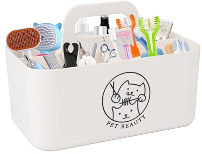 Brabtod Minimalist White Dog Cat Grooming Supplies Organizer, Portable Caddy with 5 Compartments