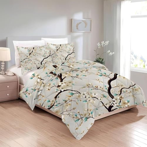 Bettdecke 200x220 Ohne Bezug Nutzbar, Blume Leaf Pflanze Bettdecken Waschbar Ganzjahresdecke Aquarell 4 Jahreszeiten Steppdecke, Bettzeug Microfaser mit 2 Kissenbezug für Sommer Winter Doppelbett