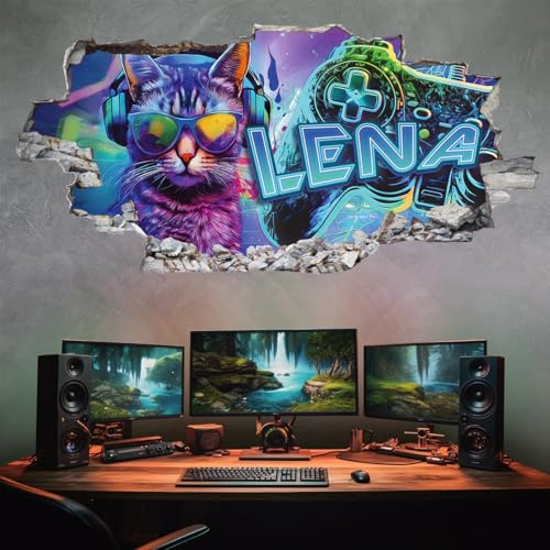 Tjapalo® XP2 Wandtattoo 'Katze Gamer' für Gaming-Zimmer, personalisiert mit Namen, 3D-Wandtattoo für Kinderzimmer, Mädchen, Teenager