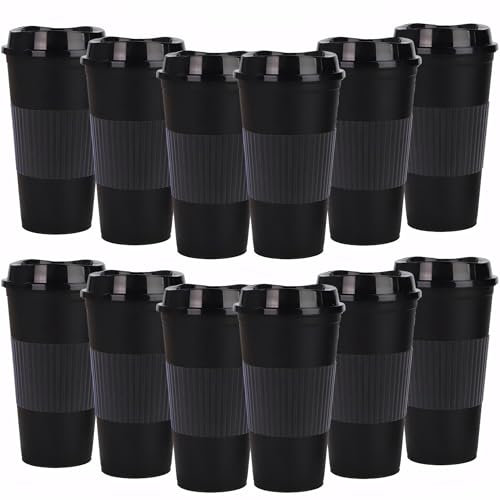Yisituo Plastic Coffee Cups with Lids, 12 Pack 480ml Reusable Tumblers for Adults, for Hot & Cold Drinks, Microwaveable Travel Mugs (12, Black)