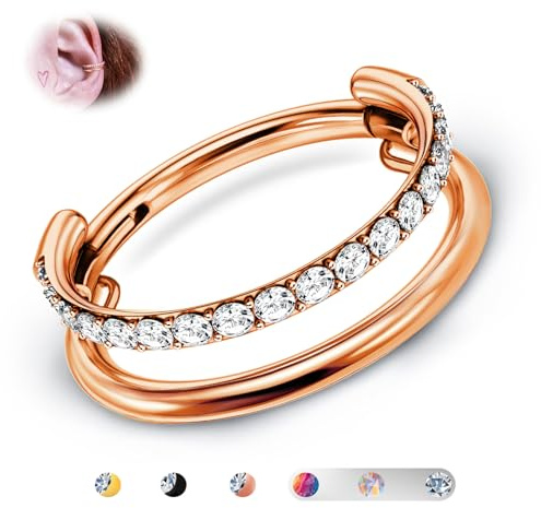 BodyBonita G23 Titan Knorpel Ohrring Gestapelter Clicker 16G CZ Doppelt Septum Piercing Conch Shmuck Tragus Daith Helix Ohrringe Nasenring Creolen für Frauen Männer Roségold 12mm