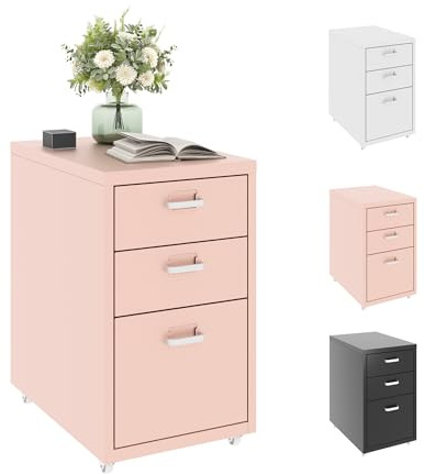FLEXISPOT 3-Drawer Mobile File Cabinet, Rolling Filing Cabinet with Metal Handles and 4 Wheels, Under Desk Office Home Organiser Mobile Printer(Pink)