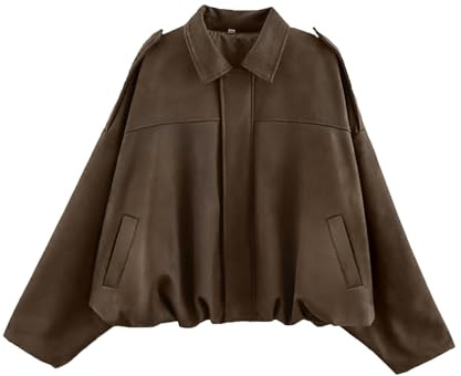 Bnigung Womens Faux Suede Bomber Jacket Casual Lapel Pilot Cropped Coat Oversized Motorcycle Jackets 2025 Outerwear(Brown-M)
