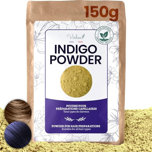 VIRHEA® Polvere di Indigo 150g - Colorazione Vegetale per Capelli Castani e Neri, Copertura dei Capelli Grigi, Vegano, ECOCERT, Bio Ayurvedico, Riflessi Blu Notte, Rinforza il Cuoio Capelluto