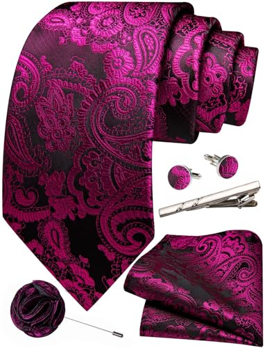 Ailisus Black Hot Pink Ties for Men Paisley Silk Necktie and Pocket Square Cufflinks Lapel Pin Tie Clip Set Wedding Formal 5PCS