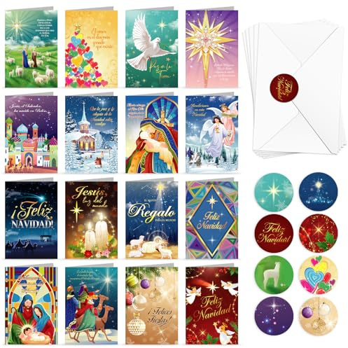 DPKOW 16 Belén Navidad Tarjetas con Sobres Pegatinas, Español Tarjeta Navideñas Santa y Feliz Navidad Tarjetas de Felicitación Nacimiento Belén Cristiano Reyes Magos, Jesús luz del mundo