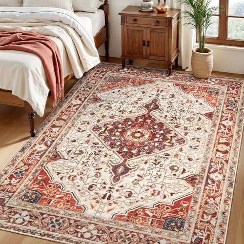 SERISSA 4x6 Rugs for Bedroom, Washable Non-Slip Vintage Area Rugs for Living Room, Soft Low-Pile Oriental Indoor Carpet for Dining Room Office Bathroom Nursery Entryway Kitchen, Beige/Orange