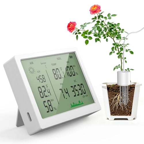 Boden Feuchtigkeitsmessgerät, 7-in-1 pH Messgerät Erde/Feuchtigkeitsmesser für Pflanzen&Luft/2 Temperatur/Licht/Fruchtbarkeit mit LCD Display, Premium Bodentester für Gartenarbeit Rasen Topfpflanzen