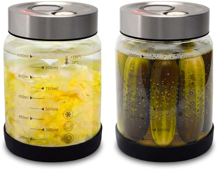 wishfly Fermentierglas 1L mit Deckel 2 Stück Gärglas für Haushaltsfermenter | Doppelanschluss-Auslassventil Sauerkraut Fermentationsglas mit Präzisionswaage-Rutschfest Einmachglas für Gurken & Radieschen