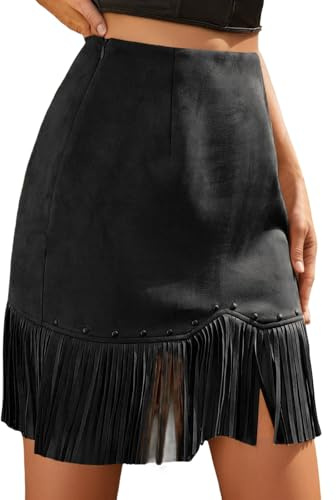 Western Skort Mujer Vintage Mini Falda de Ante con Flecos Falda Vaquero Elástica Cintura Alta Color Sólido Falda Lápiz Ajustada Adelgazante Faldas Casual Exterior Falda, O negro., L