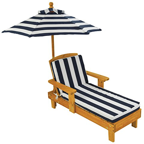 KidKraft Chaise Longue en Bois pour Enfant avec Coussin, Bain de Soleil avec Parasol, Salon de Jardin extérieur pour Enfants, Bleu Marine et Blanc, 00105