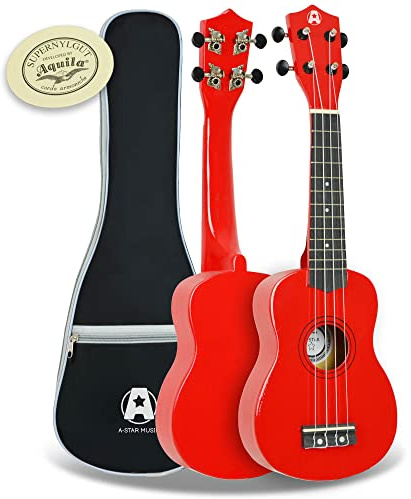 A-Star Sopran-Einsteiger-Ukulele in Rot mit hochwertigen Aquila-Saiten, inklusive gepolsterter Tasche