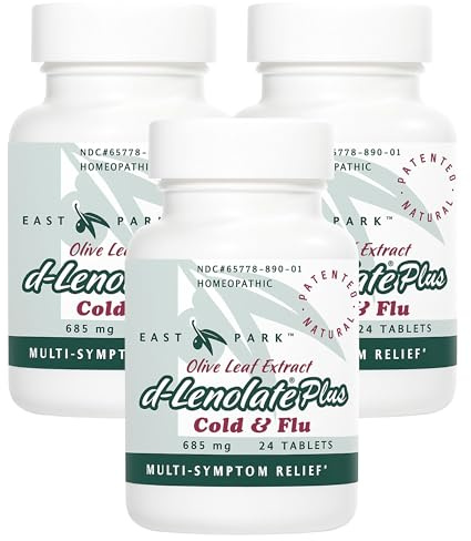 EAST PARK d-Lenolate Plus Cold & Flu Homeopathic Remedy for Adults & Kids | Immune System Booster with Olive Leaf Extract, Neem Leaf Extract & Echinacea | 625mg, 24 Tablets | Non-GMO (Pack of 3)
