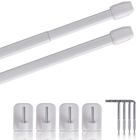 Vitragestangen 2er Pack ausziehbar, 2 Gardinenstangen mit Selbstklebehaken - Befestigung ohne Bohren - (Farbe: weiß, Größe: 60-90cm)