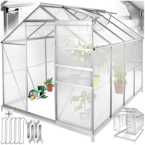 tectake® Aluminium Gewächshaus, 250x185x195 cm, Treibhaus, Tomatenhaus, Frühbeet, Pflanzenhaus, UV beständig, 4 mm Platte, Schiebetür & Dachfenster, Schutz vor Kälte, Regen und Frost - mit Fundament
