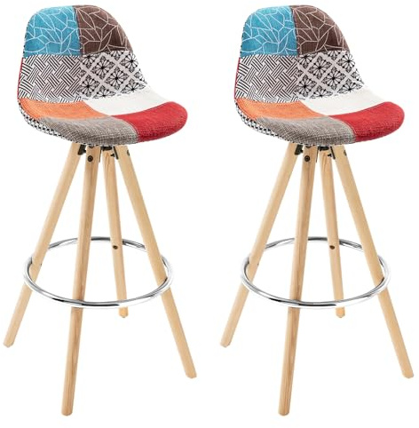 WOLTU 2 x barstolar set med 2 barstolar gjorda av linne träram med ryggstöd + fotstöd design stol köksstol optimal komfort lapptäcke flerfärgad BH45mf-2