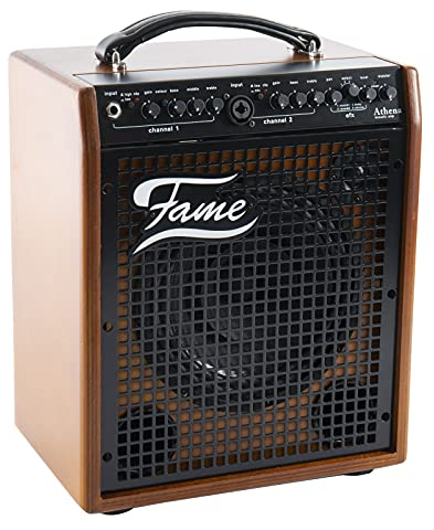 Fame Athena 50W Akustikgitarren-Verstärker, 2-Kanal Combo, Integrierte Effekte, 8 Lautsprecher, Reverb, Aux-Eingang, Recording-Ausgang, Geeignet für Gesang