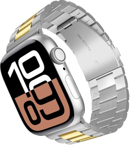 ARTCHE Metal Strap for Apple Watch Straps 42mm 41mm 40mm 38mm, Replacement Strap Compatible with iWatch Series 11/10/9/8/7/6/5/4/SE3/SE2/SE/3/2/1, Stainless Steel Link Belt for iWatch, Silver & Gold