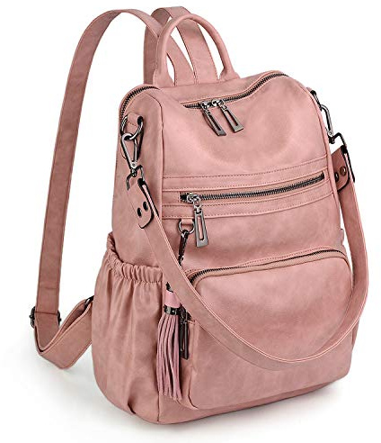 UTO Damen Rucksack Glattleder PU Washed Leder Modischer Multifunktionsrucksack mit Quastendesign Lässige Schultertaschen vielen Kompartiment Reißverschluss Umhängetasche Schule Schulrucksack Rosa