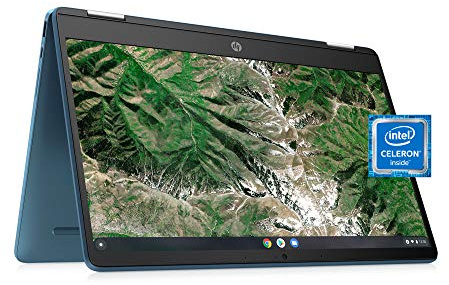 HP Laptop X360 14a Chromebook 14 HD Touchscreen, Entertaining from Any Angle Intel Celeron, 4GB DDR4 64GB eMMC WiFi Webcam Stereo Speakers Bluetooth 4.2 Chrome Blue Metallic Color