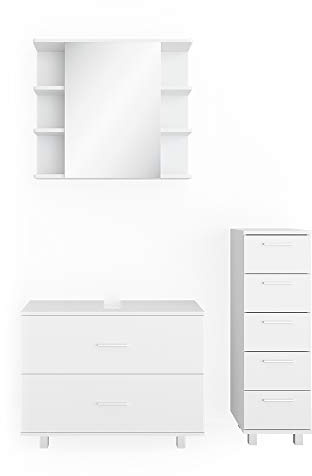 Vicco Badmöbel-Set Ilias, Weiß, 80 cm | besteht aus Waschbeckenunterschrank, Spiegelschrank und Midischrank