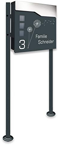 Zalafino Briefkasten incl. Standfuß freistehend in anthrazit - individualisierbarer Design-Briefkasten aus pulverbeschichtetem Stahl mit Zeitungsrolle, Sichtfeldern und Standfuß