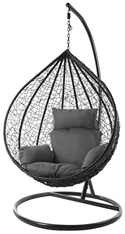 Kideo® Komplettset: XXL Hängesessel mit Gestell & Kissen, Lounge Möbel, Poly-Rattan, schwarz, edel, groß (Kissen: Nest dunkelgrau (8999 Shadow))