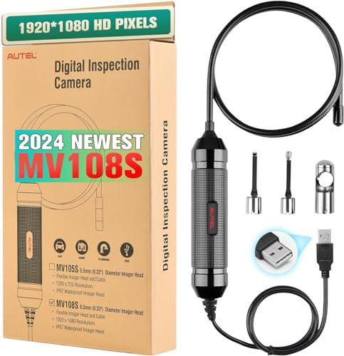 Autel Original MV108S Digital Inspection Camera, 2MP 1920x1080, Waterproof USB Endoscope, 8.5mm Ultra-Slim Borescope Snake Camera + LED Light, Work with Autel Scanner & PC, MV108 MV105S MV105 Upgrade