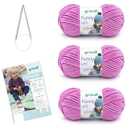 Gründl Strickset Funny uni (samtartiges Chenille-Garn) 3 x 100 g + Nadeln 5 - 6 + Anleitung für eine Baby-Decke 3442-SB-A10 34 x 19 x 8 cm, Fuchsia
