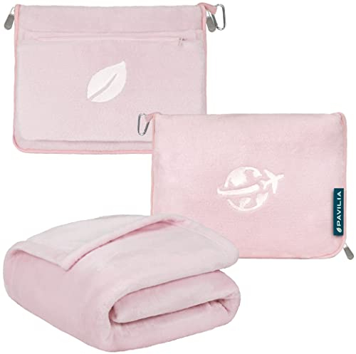 PAVILIA Juego de Manta y Almohada de Viaje, Manta de avión compacta 2 en 1, Bolsa Suave, artículos Esenciales de Viaje para Vuelo de Adultos, Manta portátil con Agujero para el Brazo, Accesorios de