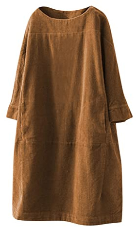 Onsoyours Robe Femme Vintage Grande Taille Velours Côtelé à Manches Longues LâChe Tenue Vintages Ample Long Dress Décontractée Robes Femmes Ete AVCE Poches Jaune XL