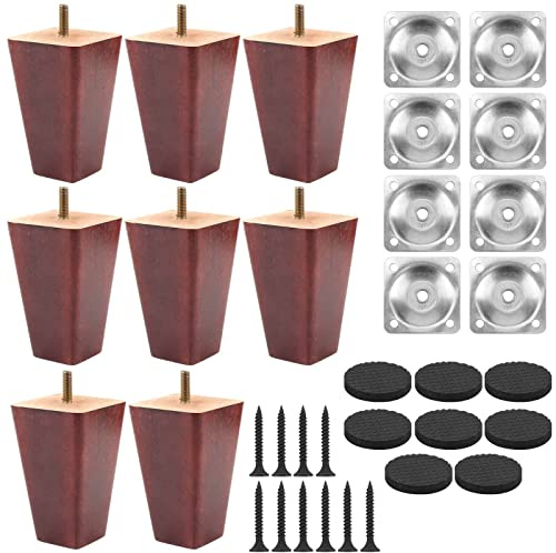 HEIHAK 8 Pack 10 cm / 4 Inch Wooden Furniture Feet, Brownish Red Tapered Wooden Sofa Feet with Screws & Non-Slip Pads Square Wooden Sofa Feet for Sofa, Table, Cabinet and Bed