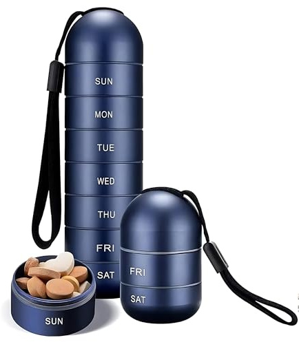 Metal Pill Organiser – Waterproof 7 Day Weekly Pill Box with Large Compartments for Pills, Vitamins, Supplements – Portable Travel Pill Case for Hiking & Daily Use (Blue)