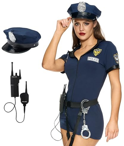 Spooktacular Creations - Blå polisdräkt för kvinnor med sparkdräkt, bälte, hatt, blackjack, handbojor, walkie-talkie för vuxna, halloween, fest, cosplay, storlek XL