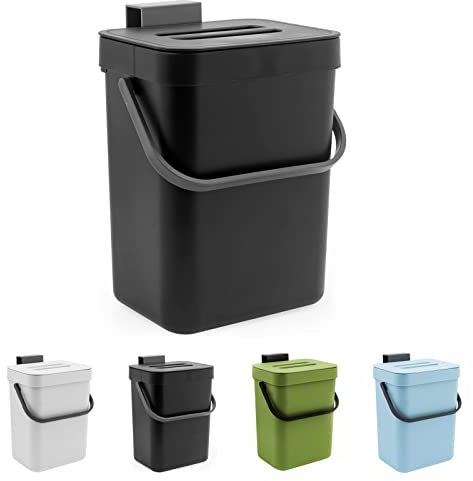 MSYU Kitchen Small Trash Can with Lid, 5L/1.3 Gal Hanging Compost Bin Under Sink, Plastic Waste Basket Garbage Box for Kitchen Counter/Bedroom/Bathroom/Dorm/Office/Camping (Black)