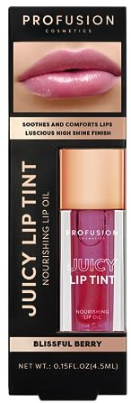 Profusion Cosmetics Juicy Lip Tint - Glowy, Hydrating, Nourishing Oil | Lightweight, Long-Wearing, Non-Sticky, Looking Plump, Smooth, High-Shine, Extra-Large Doe Foot Applicator, Blissful Berry