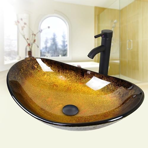 ZealWe Waschbecken Aufsatzwaschbecken Glas, Waschbecken Aufsatz Waschschale Oval für Badezimmer, Handwaschbecken Gäste WC 53 × 35 × 15 cm Waschtisch Waschplatz, Schwarz Gold