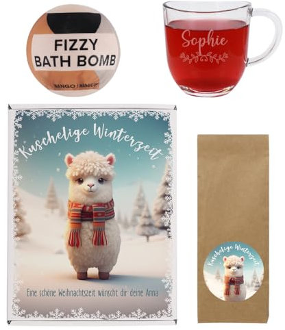 Herz & Heim® Personalisiertes Geschenk-Set mit Teeglas, Teemischung und Badekugel (Kuschelzeit)