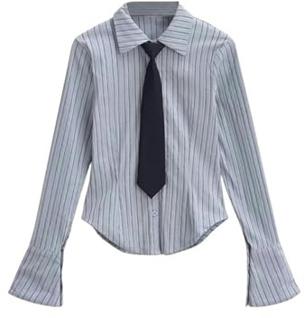 College-Stil Revers-Krawatte, vertikal gestreift, Glockenärmel-Hemd, einreihiges Damen-Oberteil mit schmaler Passform und gebogenem, vielseitigem Saum – Blau – L