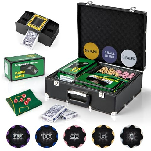 GYMAX Poker Chips Set, 300 PCS Texas Hold 'em Casino Chip Set w/Carrying Case, 6 Decks of Cards, 5 Dices & 3 Dealer Buttons, Poker Felt, Card Shuffler, Card Shoe, for Blackjack Gambling