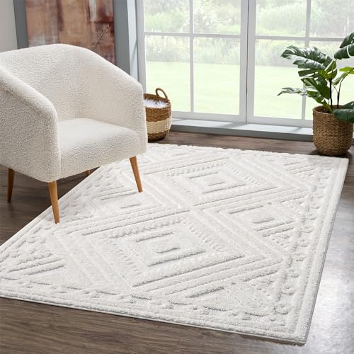 carpet city Teppich Wohnzimmer Hochflor Creme - 120x170 cm - Hochtief-Muster, 3D-Effekt Raute - Bettvorleger Schlafzimmer Teppiche Boho, Skandi