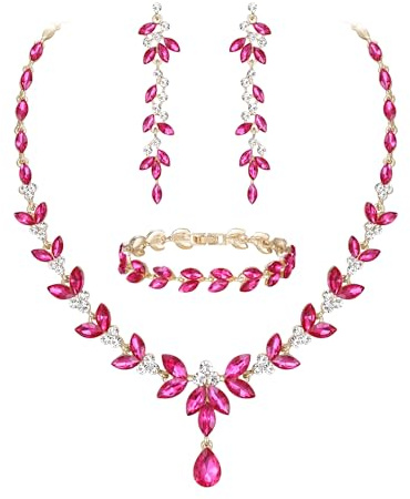 Ever Faith Marquise Crystal Costume Party Jewellery Set for Women, Gorgeous Leaf Rhinestone Wedding Necklace Dangle Earrings Tennis Bracelet Sets Hot Pink Gold-Tone