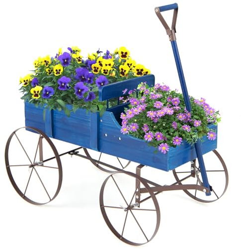 COSTWAY Brouette Décorative en Bois à 2 Compartiments (Bleu) | Jardinière sur Roues Métalliques avec Poignée à l'Avant, Charge 15kg pour Cour Jardin Véranda
