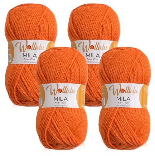 Wollidu Mila Garn zum Häkeln und Stricken 4 x 50g/133m Strickgarn 100% Polyacryl Häkelgarn Kürbis Orange
